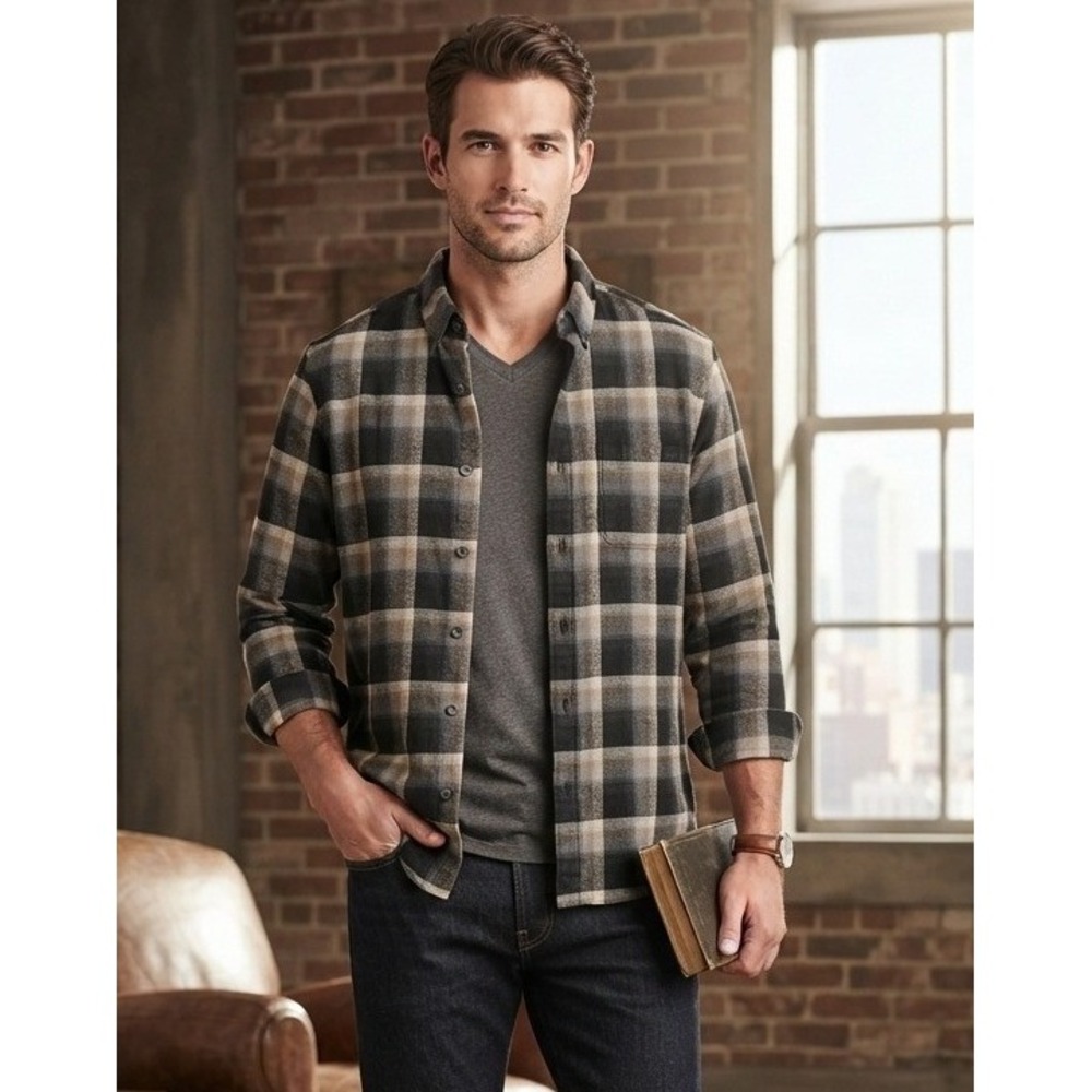 Pendleton Mason Plaid Flannel Button Down Long Sleeve Shirt Men's M Black Tan